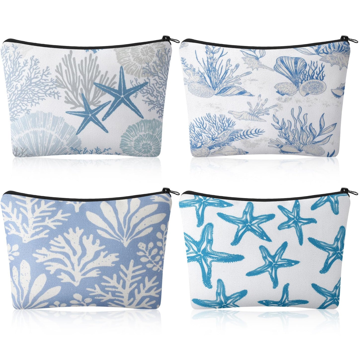 4 Pack Coastal Cosmetic Bags Beach Themed Gifts Starfish Seashell Conch Coral Makeup Pouches Zippered Travel Toiletry Bags for Women Beach Summer Trip Organizer Set(Fresh)