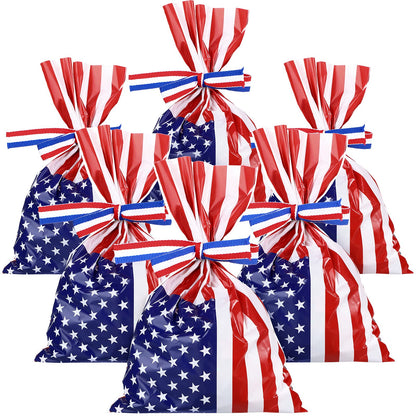 Tenare 100 Pcs Patriotic Gift Cellophane Bags Bulk Plastic Red White Blue American Favor Flag Cellophane Bags 4th of July Treat Goodie Candy Pouches with Ribbon for Veterans Party Favors