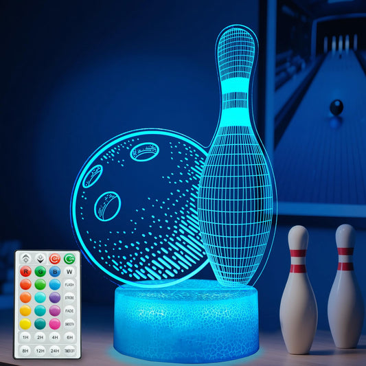Bowling Night Light, Bowling Gifts 3D Illusion Lamp with 16 Colors Changing, Timer, 4 Flash Modes and Dimmable, Kids Boys Girls Room Decoration, Holiday Xmas Gifts