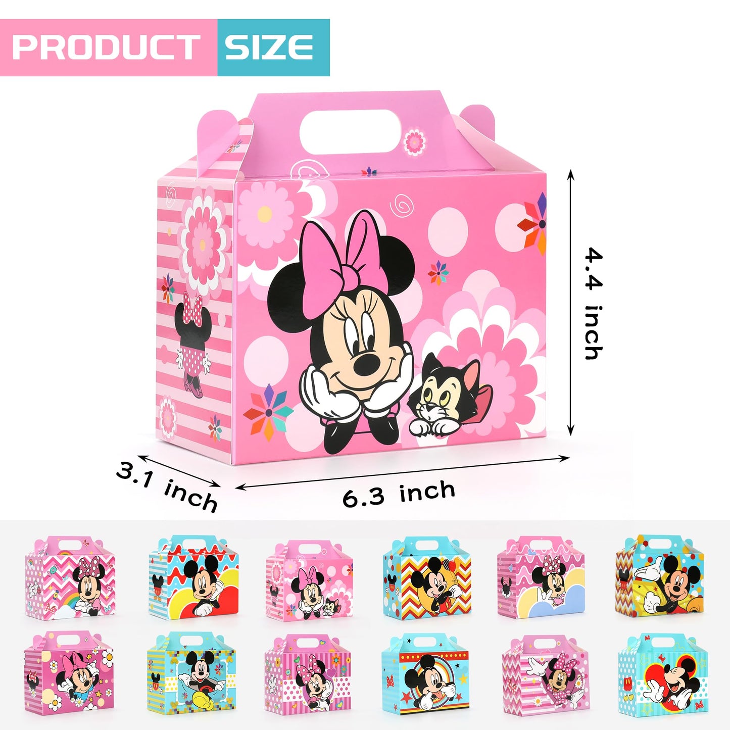 Latwerd 24 Pack Mouse Party Favor Boxes - 12 Cute Designs Paper Gift Boxes with Handles, Reusable Kraft Candy Tote Box for Birthday Parties,Graduations & Holiday Events