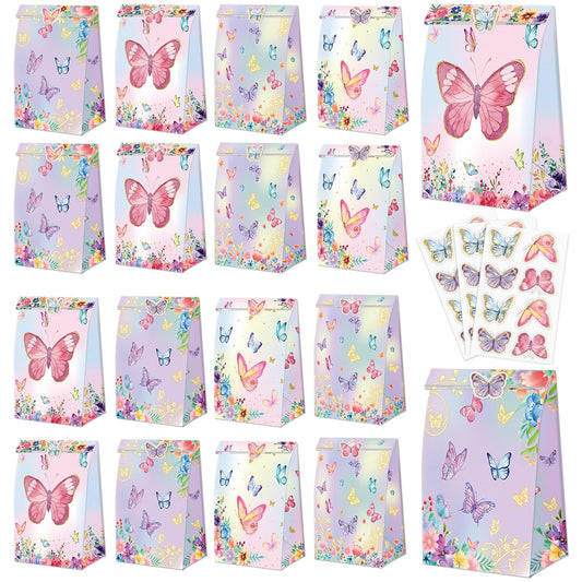 XJLANTTE Butterfly Party Gift Bags - 20 Pcs Goodie Bags Party Favor Bags with Butterflys Stickers, Colored Paper Bags Treat Bags Birthday Goodie Bags for Kids Butterfly Birthday Party Supplies