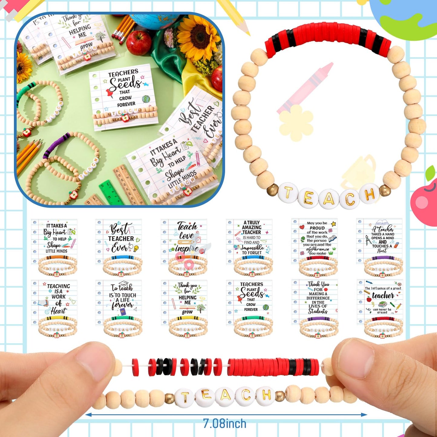 Huquary 12 Set/24Set End of Year Teacher Gifts Teacher Bracelet Bulk Clay Beaded Bracelet with Card OPP Bag