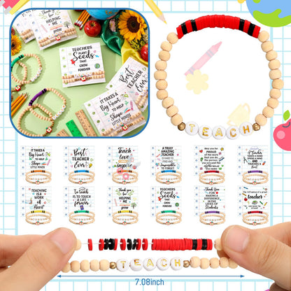 Huquary 12 Set/24Set End of Year Teacher Gifts Teacher Bracelet Bulk Clay Beaded Bracelet with Card OPP Bag