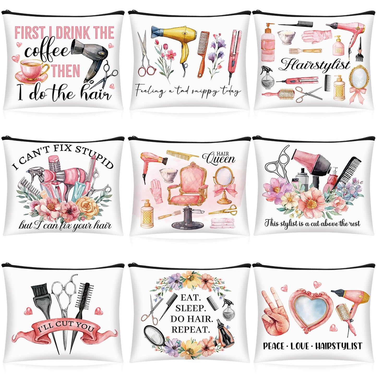 Reginary 9 Pcs Hairstylist Gifts Hairdresser Makeup Bag Hair Stylist Cosmetology Bag Cosmetic Zipper Pouch Case for Hairstylists Hairdressers Inspirational Cosmetology Graduation Gifts