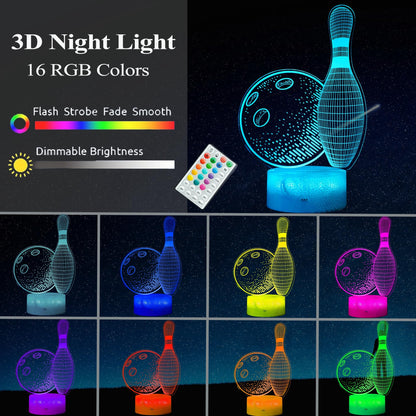 Bowling Night Light, Bowling Gifts 3D Illusion Lamp with 16 Colors Changing, Timer, 4 Flash Modes and Dimmable, Kids Boys Girls Room Decoration, Holiday Xmas Gifts