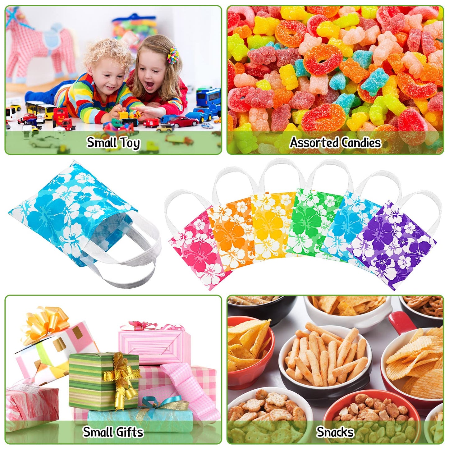 Teling 24 Pcs Hawaiian Party Favor Bags Hibiscus Tropical Tiki Luau Goodie Gift Bags with Handle for Kids Non Woven Summer Birthday Party Supplies