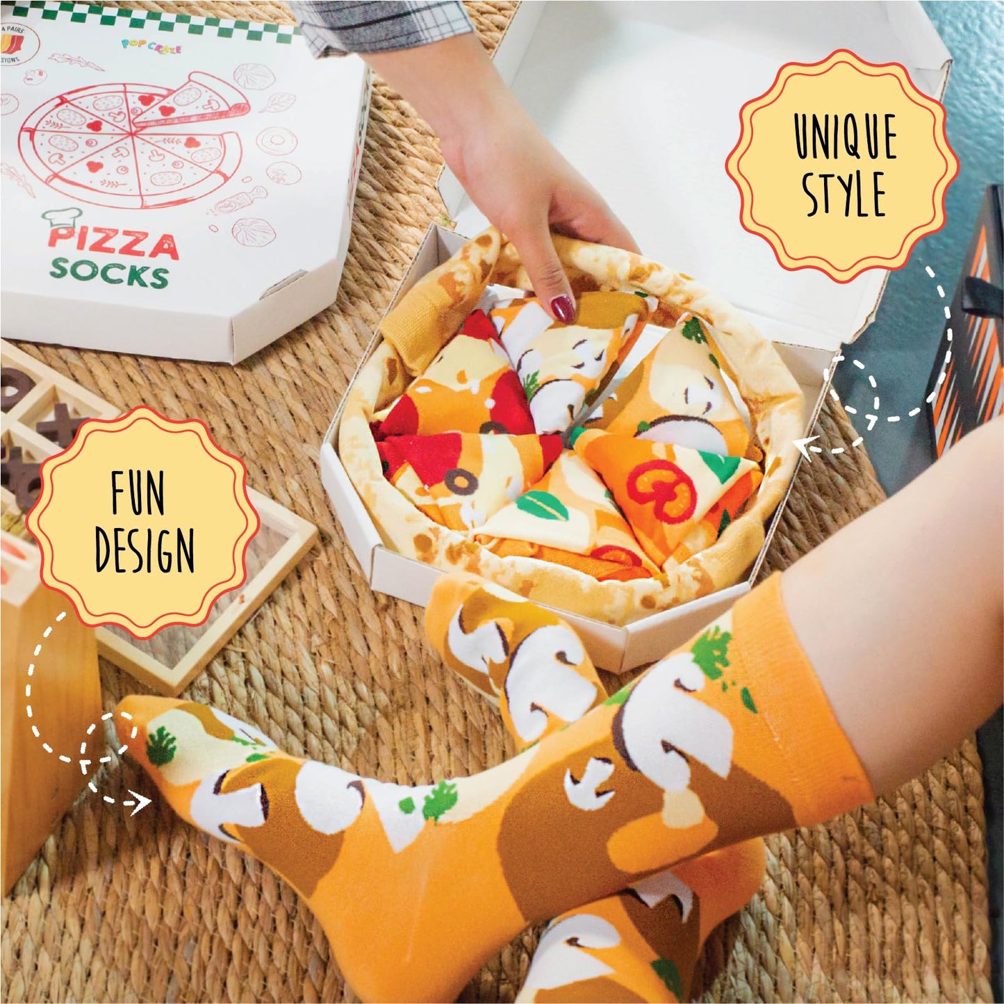 POPCRAZE 4 and 1 Pairs Pizza Socks in a Box with 2 or 4 Designs - One Size Fits Most.Novelty Socks. Mothers Day Gift Idea