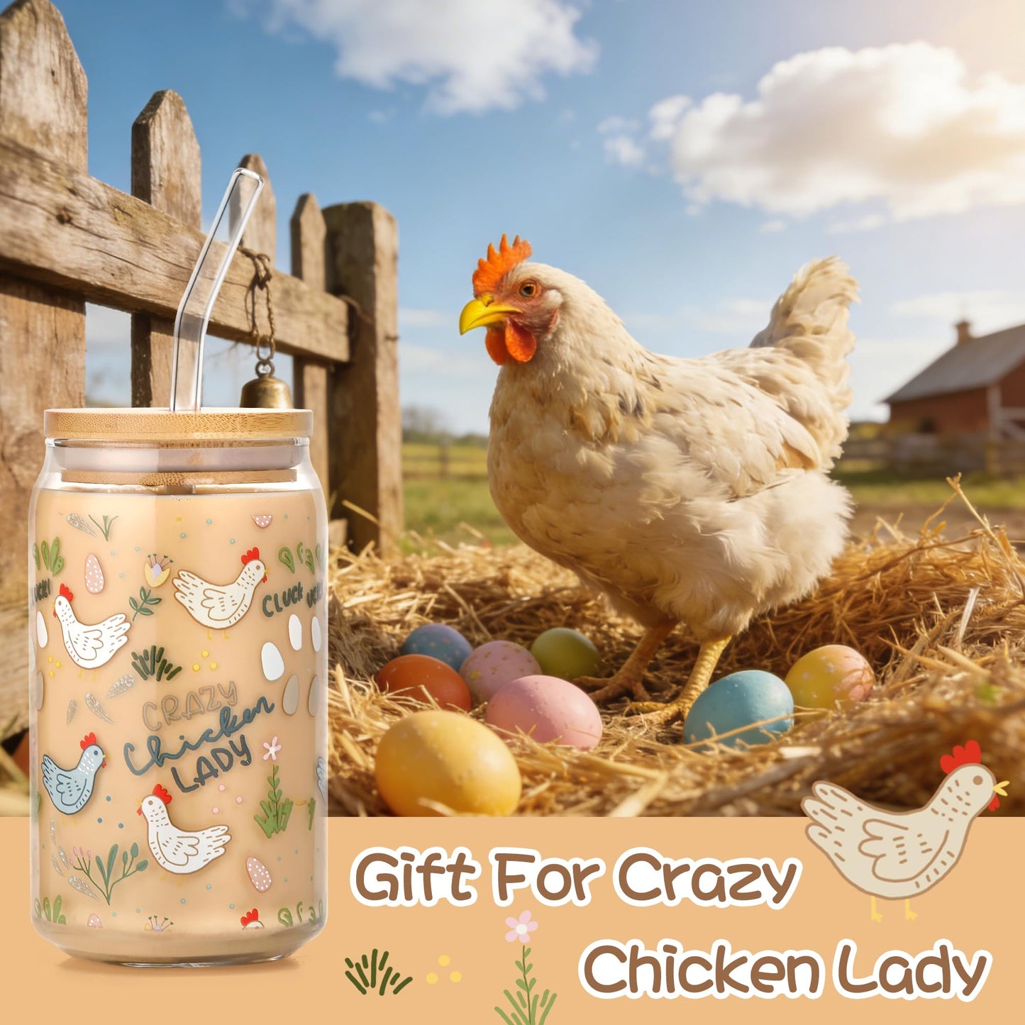 SUPREME LIGHTS ·2017· 16 oz Funny Chicken Glass Cup with Lid & Straw, Chicken Gifts for Chicken Lovers, Chicken Cups Gifts for Women Men Boys Girls Kids, Ideal for Crazy Chicken Lady