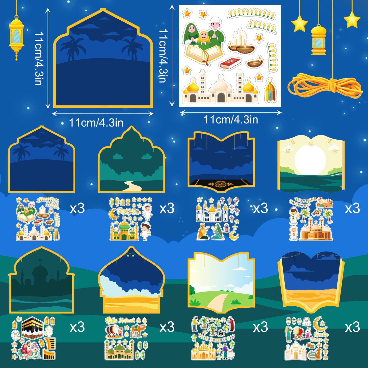 Eid Mubarak and Ramadan Kareem Craft Kit - 48 PCS DIY Mosque Scene Stickers for Kids, Create Your Own Religious Label Decal, Hanging Ornament Set for Eid Al-fitr Classroom Party Favor Goodie Supplies