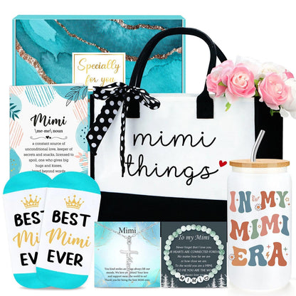 Mimi Gifts for Grandma Mimi Birthday Gifts from Grandkids Grandma Present Box for Christmas, Birthday Gift Set Ideas for Women from Grandson, Granddaughter, Grandchildren with Tote Bag, 16oz Glass Cup