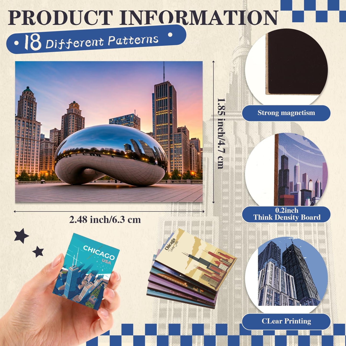 Xuhal 18 Pcs Chicago Magnets for Refrigerator Fridge Magnet Magnetic USA Souvenirs Gifts Bulk Refrigerator Sticker Home Decoration Accessories