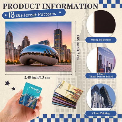 Xuhal 18 Pcs Chicago Magnets for Refrigerator Fridge Magnet Magnetic USA Souvenirs Gifts Bulk Refrigerator Sticker Home Decoration Accessories