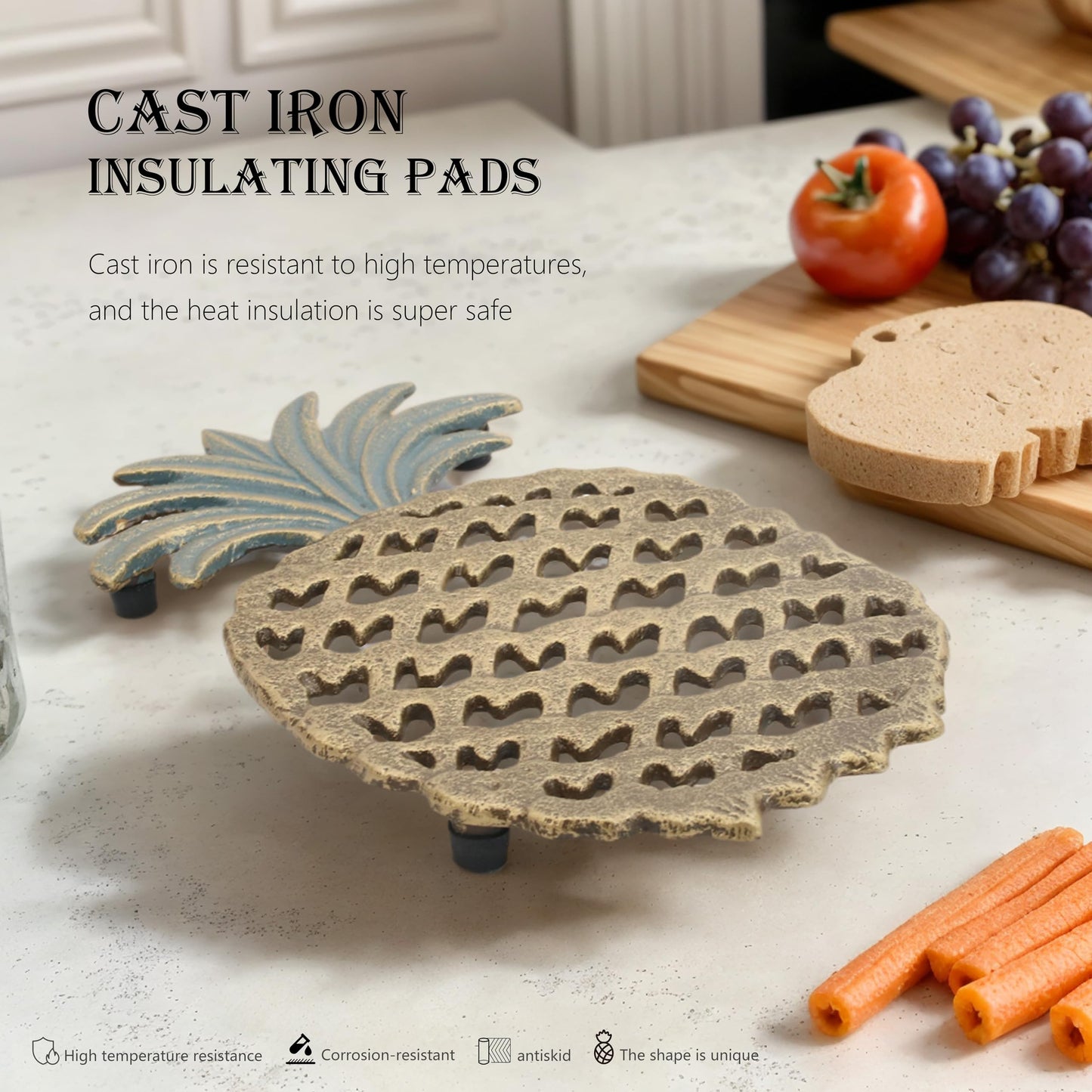 Cast Iron Trivets for Hot Dishes, Pineapple-Shaped Metal Trivets for Kitchen and Dining Protection, Decorative Tirvets with Pinch Mitts, Rubber Pegs