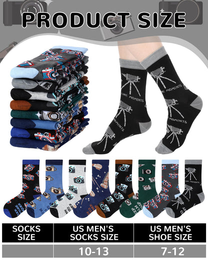 Glitopper 8 Pairs Novelty Photography Gifts Socks for Men Funny Camera Crew Socks Birthday Father's Day Gift for Photograph Lovers