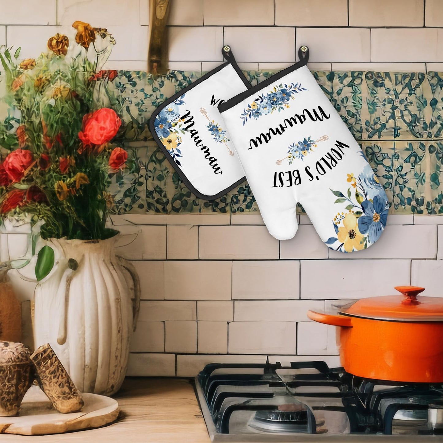 Mawmaw Gifts Oven Mitts and Pot Holders Sets, Gifts for Mawmaw from Grandkids Kitchen Decor Accessories Sets, World’s Best Mawmaw Heat Resistant Oven Glove Potholders for Kitchen Cooking