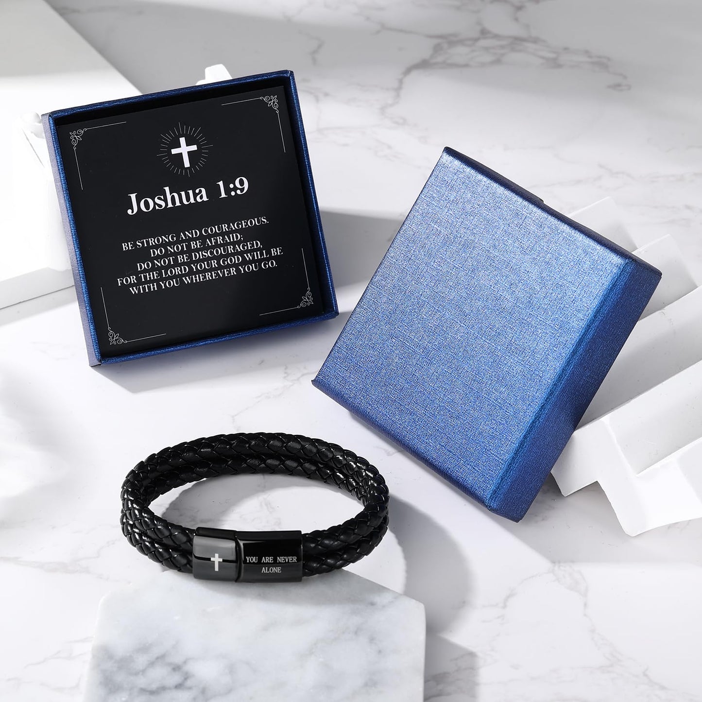 Men's Leather Bracelet with Cross Bible Verse, Double Layer Black Genuine Leather Bracelet for Men, Christian Religious Baptism Easter Gift for Men Dad Husband Boyfriend Grandson Son