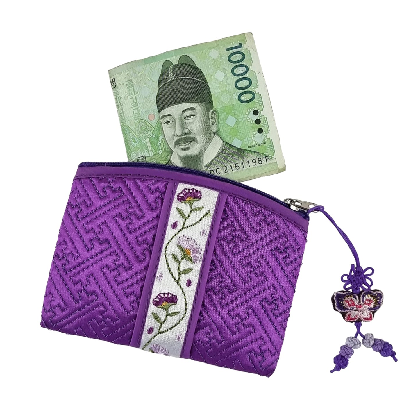 Seoulful Vintage Korean Embroidered Card Pouch - Wildflower Design Coin Purse with Butterfly Charm - Traditional Korean New Year's Gifts (Mint)