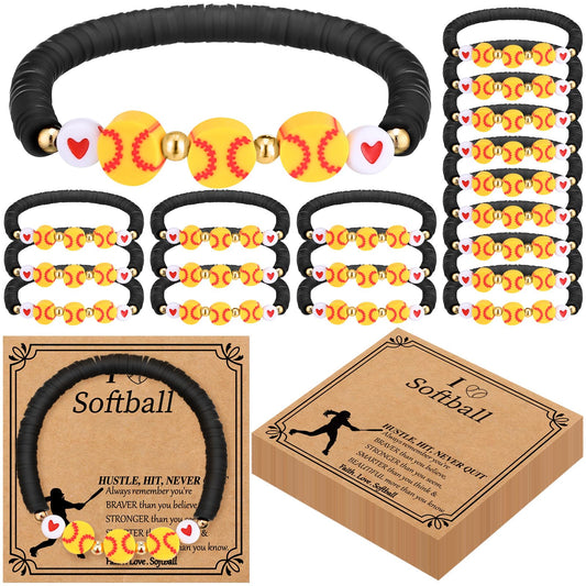 Ecation 20 Set Softball Bracelets Team Gift Bulk Softball Senior Night Adjustable Bead Ball Charm Bracelet with Inspirational Card for Sport Team Sport Lovers Player Gifts Birthday Party