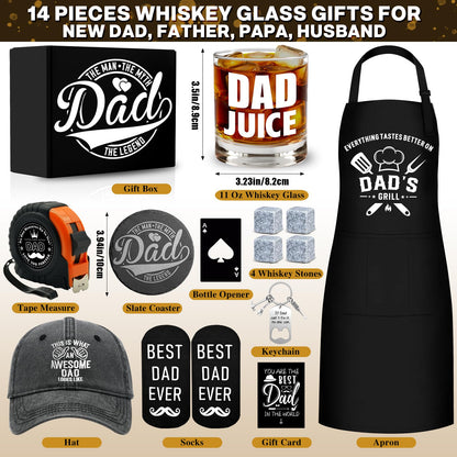 14 Pcs Dad Gifts, Unique Best Father Ever Gift with 11 Oz Dad Juice Whiskey Glass 4 Whiskey Stones Coaster Apron Hat Sock Tape Measure Keychain, Birthday Father's Day Christmas Gift for Papa, Husband