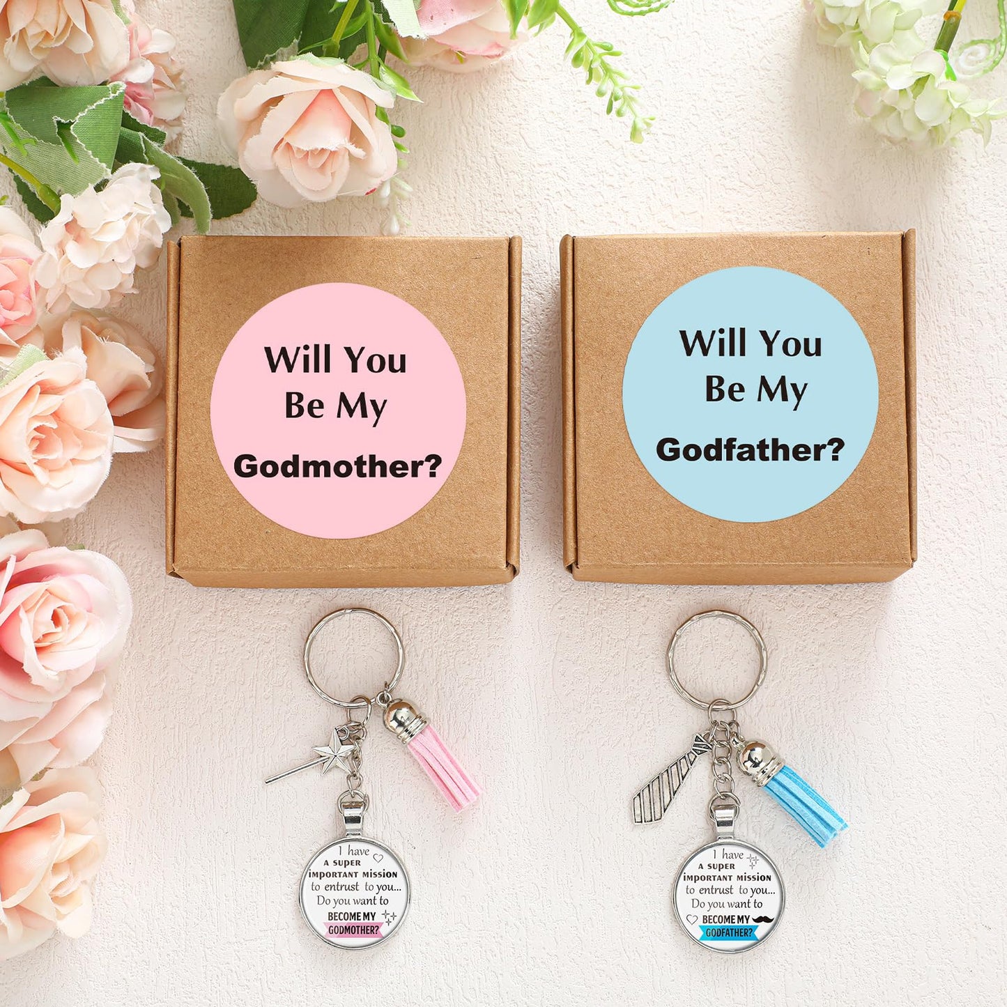 Ecation 2 Set Will You Be My Godparents (Godmother and Godfather) Godparents Proposal Gifts Godmother and Godfather Proposal Appreciation Keychains Gifts with Box for Godmother and Godfather