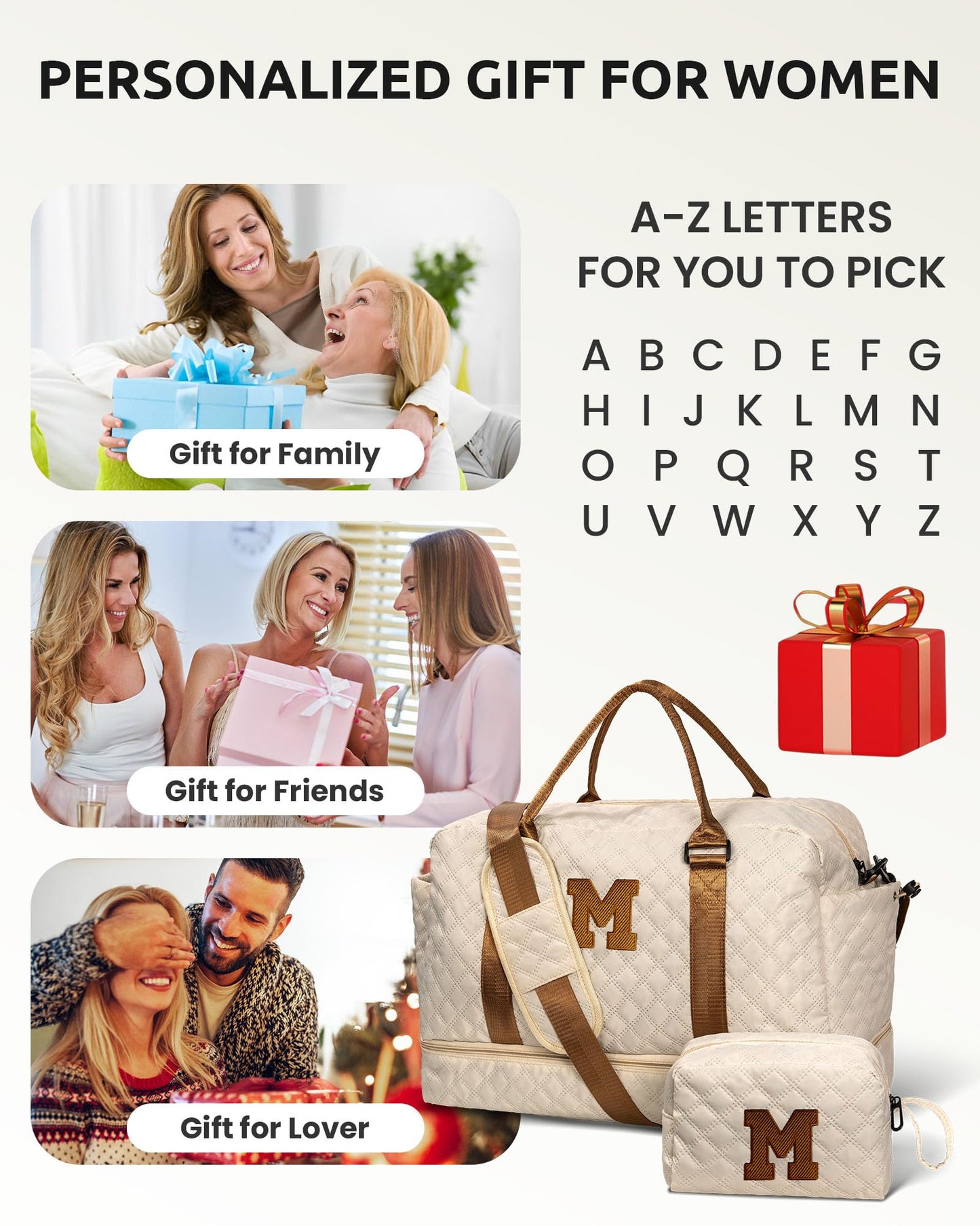 Mom Gifts-Women Birthday Gifts-Graduation Gifts for Teenage Girls-Personalized Duffle Bag with Shoe Compartment, Kids Overnight Bag,Travel Weekend Bag, Gift for Women Friend Niece (Letter A)