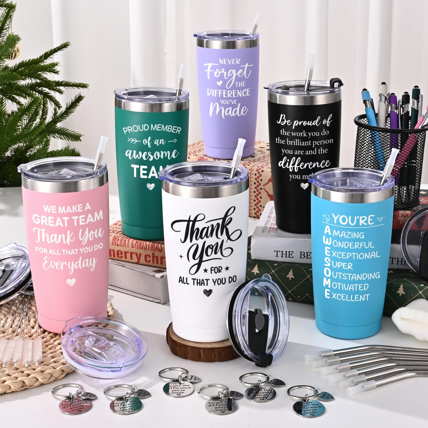 Lifecapido 6 Set Employee Appreciation Gifts, Team Gifts for Employees, Thank You Inspirational Christmas Gift for Staff Coworker Team, 20oz Insulated Tumbler with Ballpoint Pen and Keychain