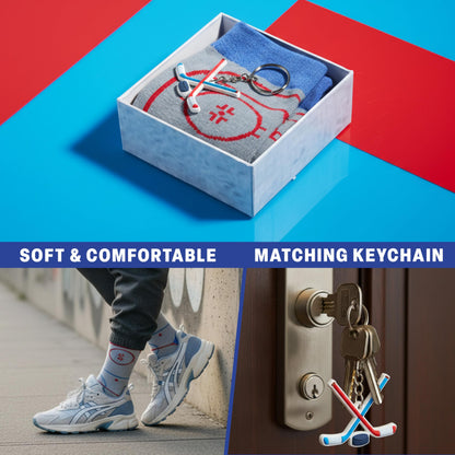 Get Trend Ice Hockey Mens Socks With Keychain Set Funny Hockey Accessories, Gifts for Him, Husband, Boyfriend (8/13 US, Grey Hockey)
