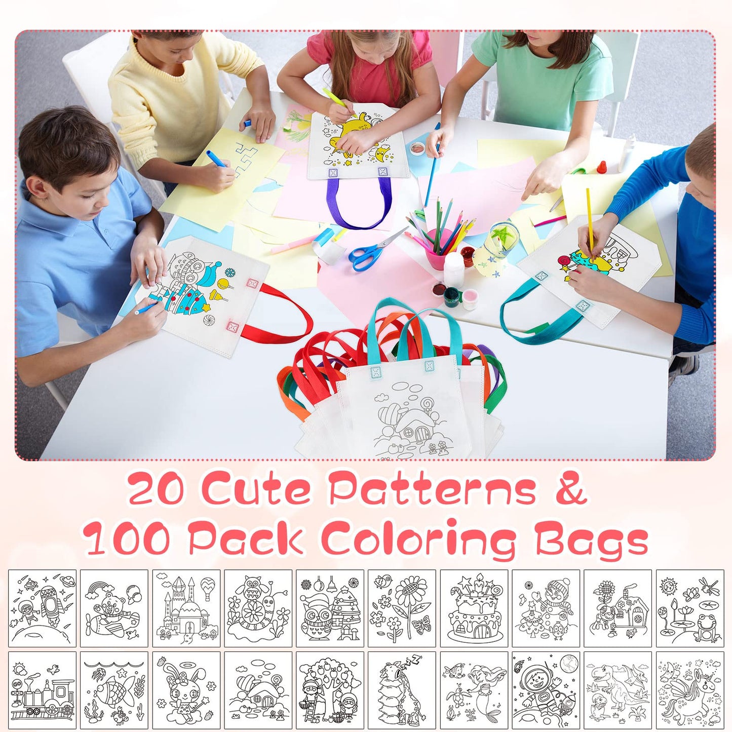 BBTO 100 Pcs Coloring Goodie Bags Cute Cartoon Reusable Party Favor Paint Non Woven Goodie Bags for Kids Birthday Party Art DIY Crafts Supplies, 20 Styles