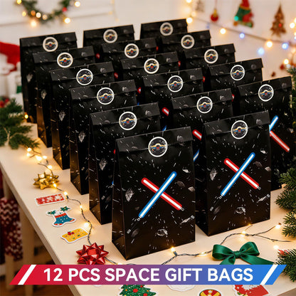 FestiVex 12Pcs Black Galaxy Goodie Paper Bags with Airship Stickers, Space Themed Candy Bags for Birthday Party Favors, Baby Shower, Video Game Party Decorations for Kids and Teens (12)