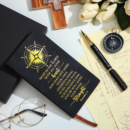 Fuyoooo 4 Pcs Christian Graduation Gifts Baptism Gift for Men Bible Journal Religious Engraved Compass Bible Pen for First Communion Father's Day