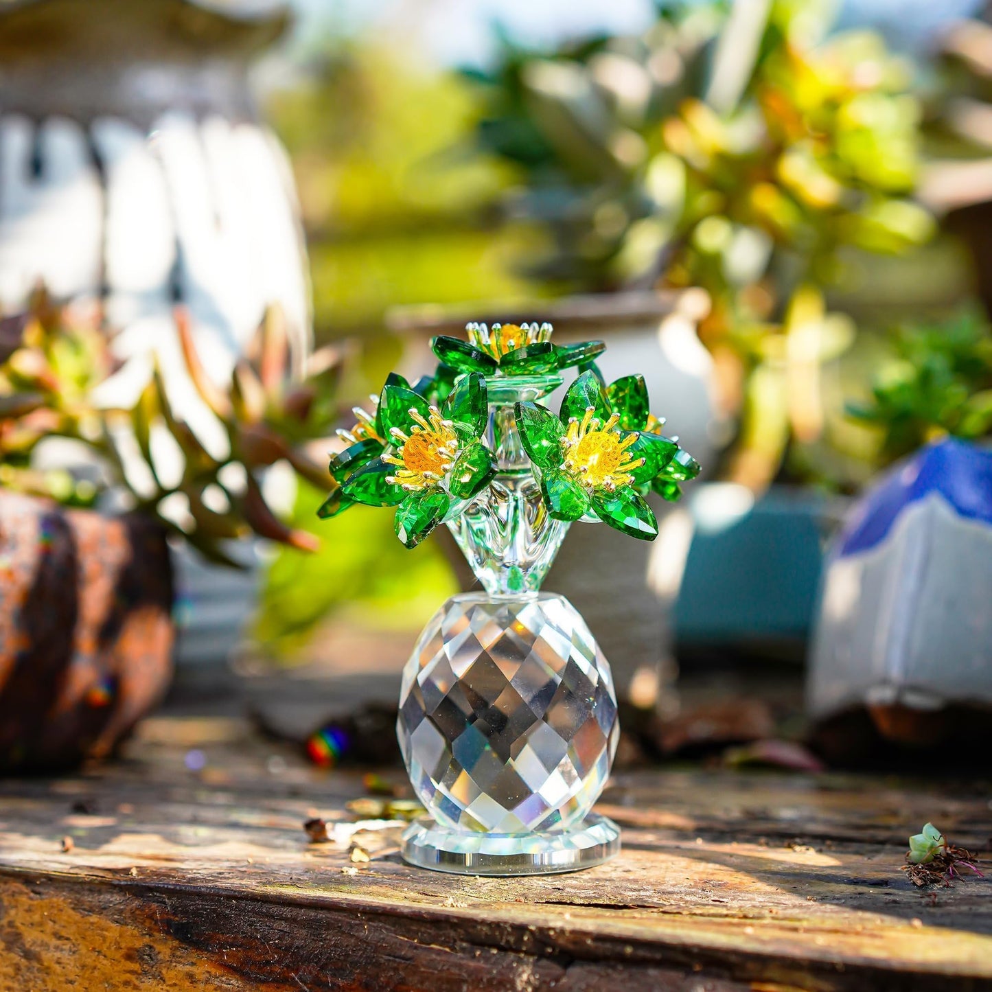 Handcrafted Crystal Flower Figurine 3.8in Tall Glass Flower Ornament Collectibles St. Patrick's Day Decor for Home Unique Gift for Women Mom Wife(Green)