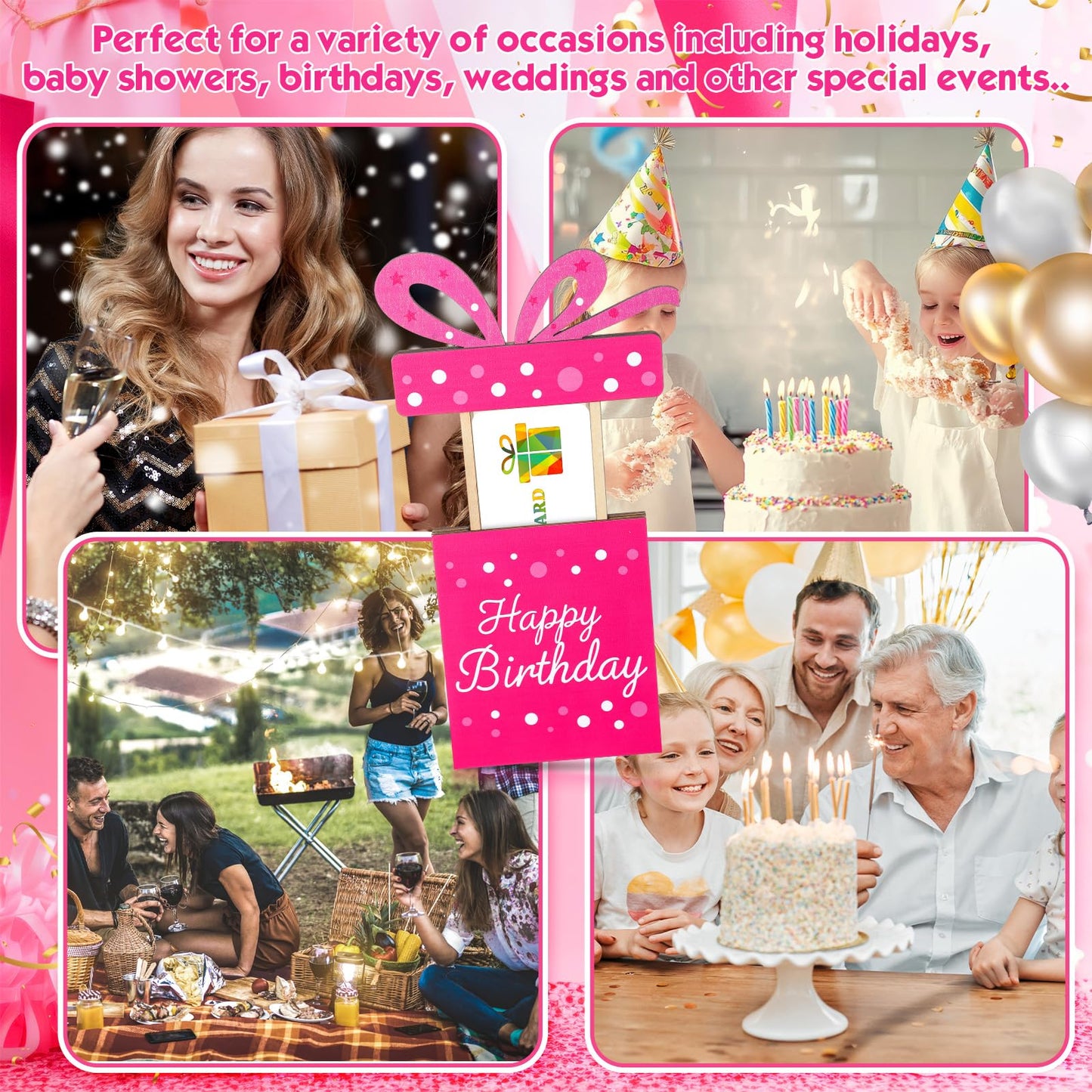 Kathfly Cheerful Birthday Gift Card Holders, Wooden Gift Cardholder Pull Out, and Cute Card Holder to Decorate Gifts for Wedding Birthday Note Cards and Business Cards(Pink)