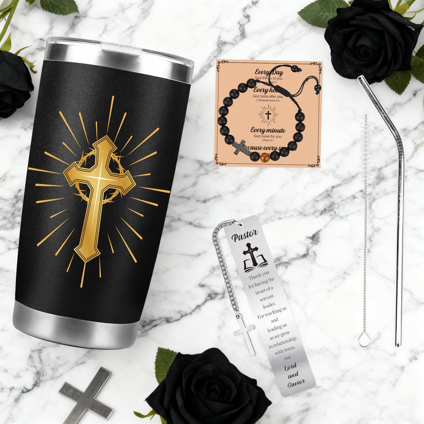 Pastor Appreciation Gifts for Men, Unique Pastor Gift Set, Thank You Gifts with Tumbler, Bracelet & Bookmark for Birthday Christmas Retirement, Present for Dad Husband Grandapa Friends