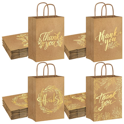 Whaline 16Pcs Thank You Party Bags Gold Foil Kraft Paper Gift Bags Brown Paper Bags with Handle Party Favor Bags for Wedding Birthday Baby Shower Party Favors 6.3 x 8.7 x 3.1inch, 4 Styles