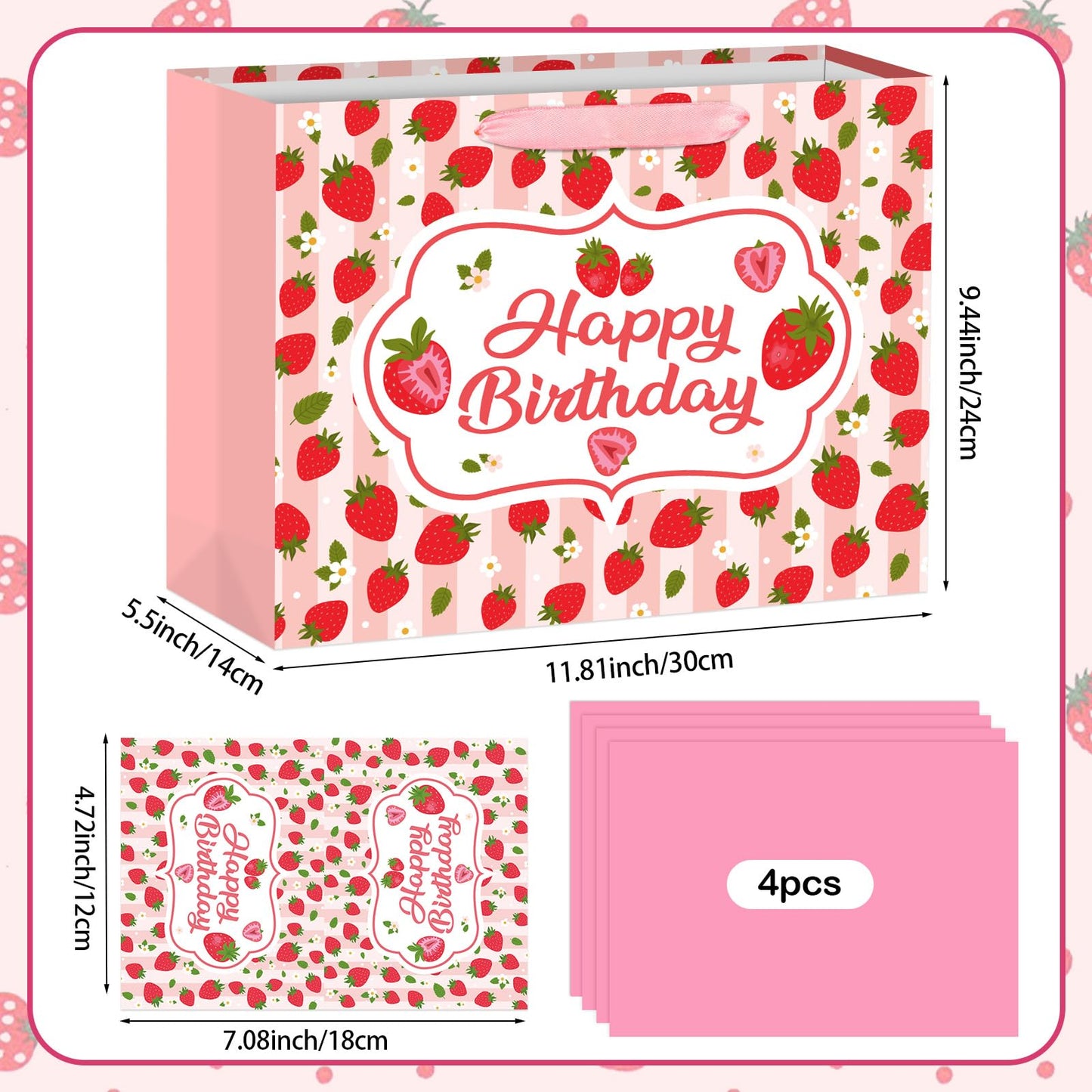 Hooqict Large Strawberry Birthday Gift Bag Pink Happy Birthday Gift Wrapping Bag with Handles, Tissue Paper, Greeting Card for Girls Kids Women Sweet Strawberry Party Decorations Supplies