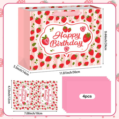 Hooqict Large Strawberry Birthday Gift Bag Pink Happy Birthday Gift Wrapping Bag with Handles, Tissue Paper, Greeting Card for Girls Kids Women Sweet Strawberry Party Decorations Supplies