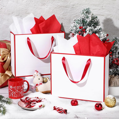 ReliThick 12 Pack Metallic Paper Gift Bag with Handles and Tissue Paper 11.8 x 10 x 4'' Thank You Favor Bag for Graduation Mother's Day Wedding Bridesmaid Groomsman 5 Senses Gifts (White,Red)