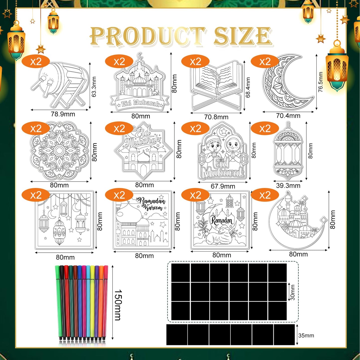 HOWAF 24 PCS Ramadan Crafts Fridge Magnet Kit, Color Your Own Eid DIY Fridge Magnet Include 24 Magnet Paint Pens Eid Mubarak Gifts for Kids Party Supplies Home School Activities