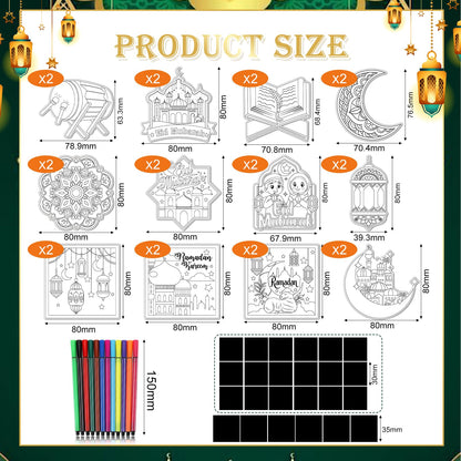 HOWAF 24 PCS Ramadan Crafts Fridge Magnet Kit, Color Your Own Eid DIY Fridge Magnet Include 24 Magnet Paint Pens Eid Mubarak Gifts for Kids Party Supplies Home School Activities