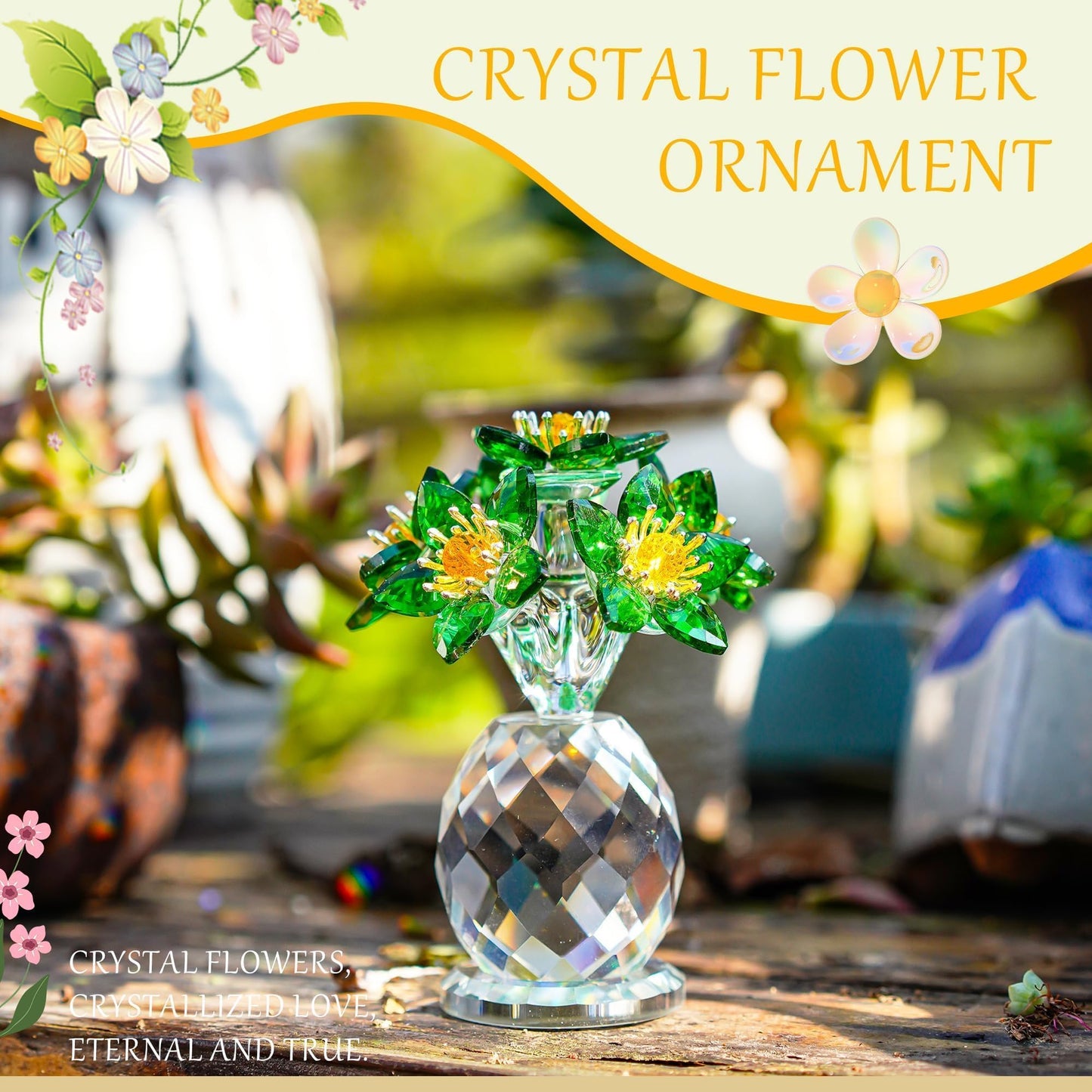 Handcrafted Crystal Flower Figurine 3.8in Tall Glass Flower Ornament Collectibles St. Patrick's Day Decor for Home Unique Gift for Women Mom Wife(Green)