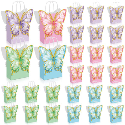 Booson 24 PCS Butterfly Paper Party Bags with Twisted Handles Blue Pink Purple Green Party Favor Bag with Adhesive Dots Paper Treat Candy Goodie Bags for Birthday Bridal Showers Decoration Supplies