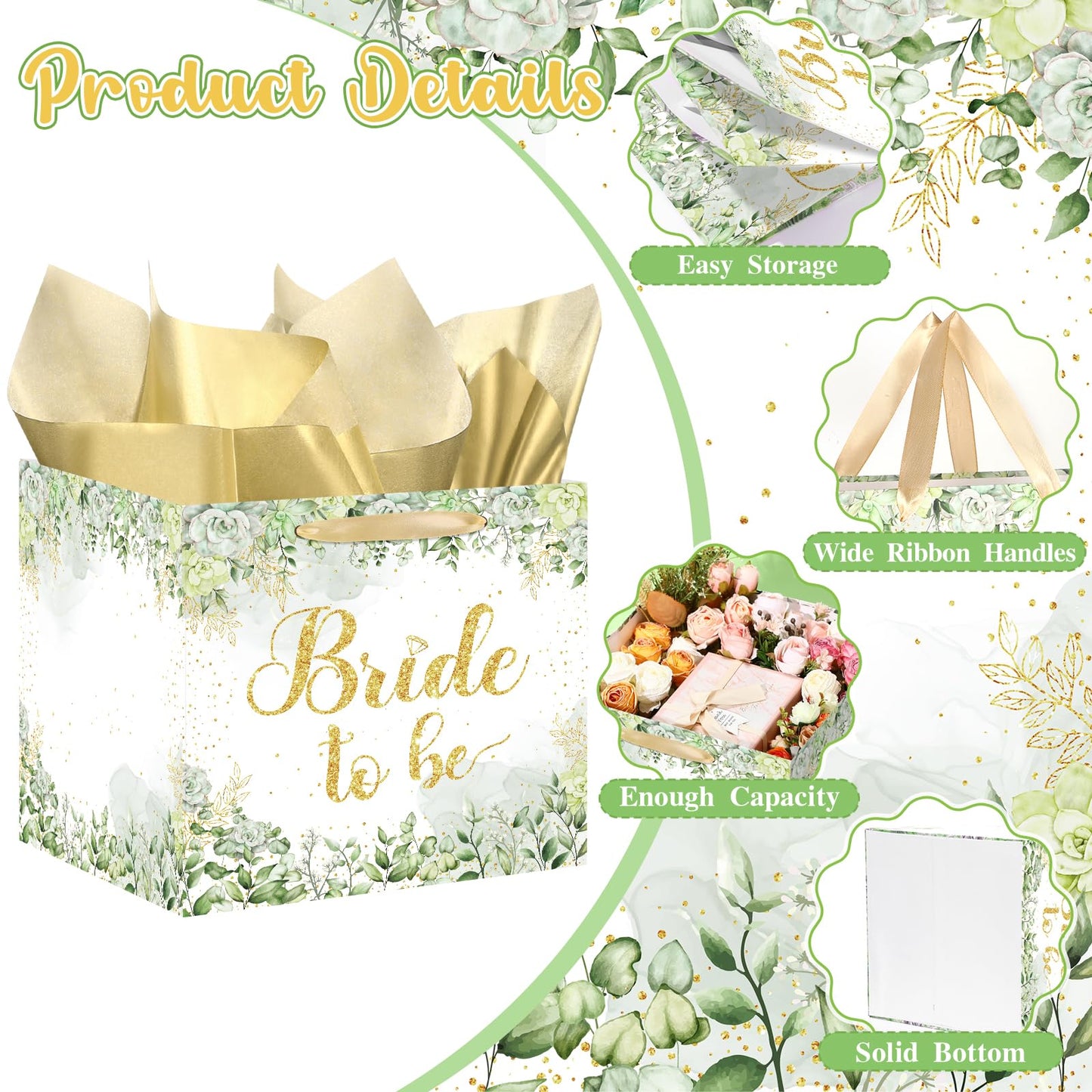 Woosytoo Large Bridal Shower Square Gift Bags Sage Green Bride Gift Bag with Tissue Paper Bridal Wrapping Paper Bachelorette Engagement Wedding Shower Favor Bag for Bride to Be Party Decoration