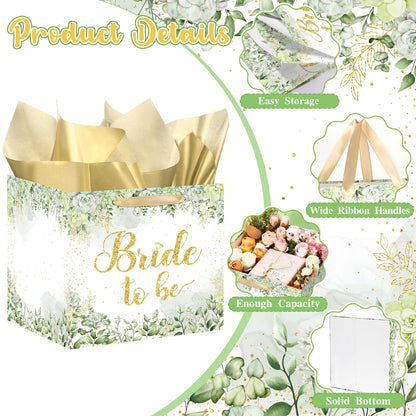 Woosytoo Large Bridal Shower Square Gift Bags Sage Green Bride Gift Bag with Tissue Paper Bridal Wrapping Paper Bachelorette Engagement Wedding Shower Favor Bag for Bride to Be Party Decoration