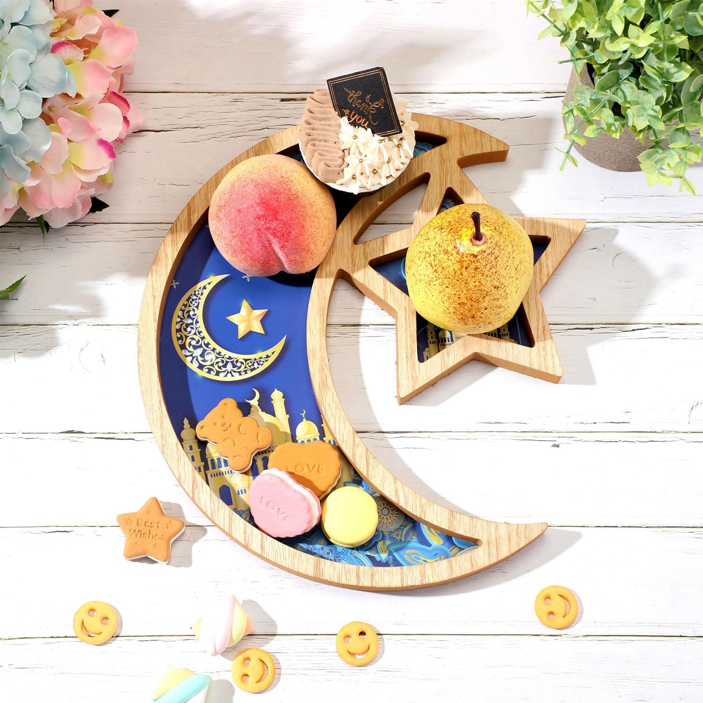 Capoda Ramadan Serving Tray Decoration - Wooden Moon and Star Tray Eid Mubarak Kareem Pastry Plate Gold Blue Food Dessert Snack Fruit Plate for Islamic Gifts Muslim Home Eid Party Supplies