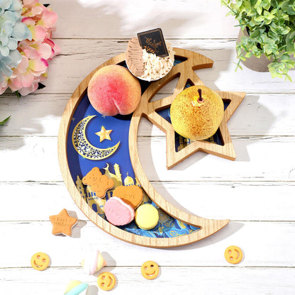 Capoda Ramadan Serving Tray Decoration - Wooden Moon and Star Tray Eid Mubarak Kareem Pastry Plate Gold Blue Food Dessert Snack Fruit Plate for Islamic Gifts Muslim Home Eid Party Supplies