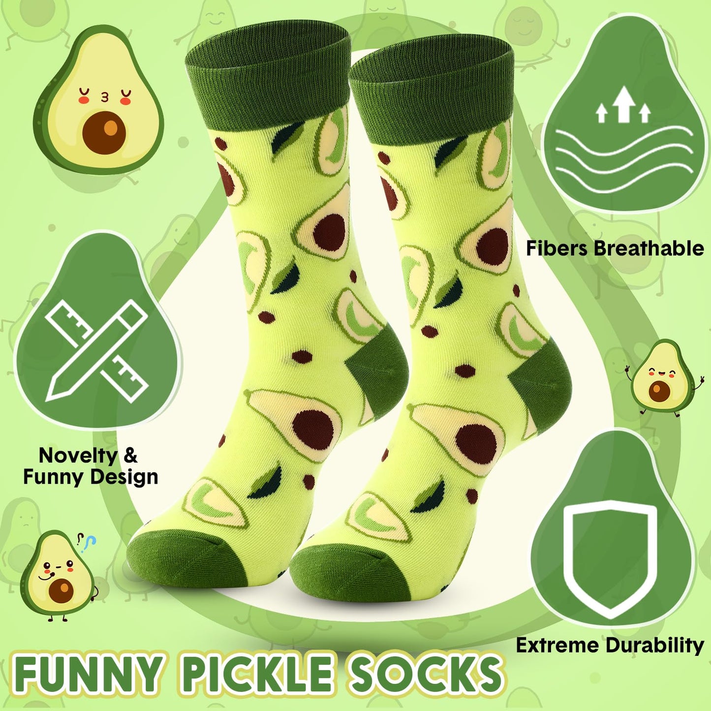 6 Pcs Funny Gift Baskets for Women Girls Pickle Avocado Socks with Vegetable Animals Makeup Bag Insulated Tumbler Keychain Greeting Card Pen for Christmas Birthday Party(Avocados)