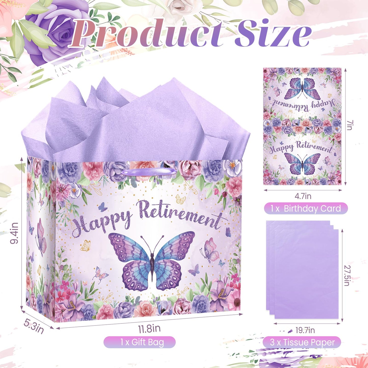 Purple Retirement Gift Bag for Women Butterfly Retirement Wrapping Paper Bag with Tissue Paper and Card Retired Gifts for Women Purple Retired Decorations Supplies for Going Away Farewell Party