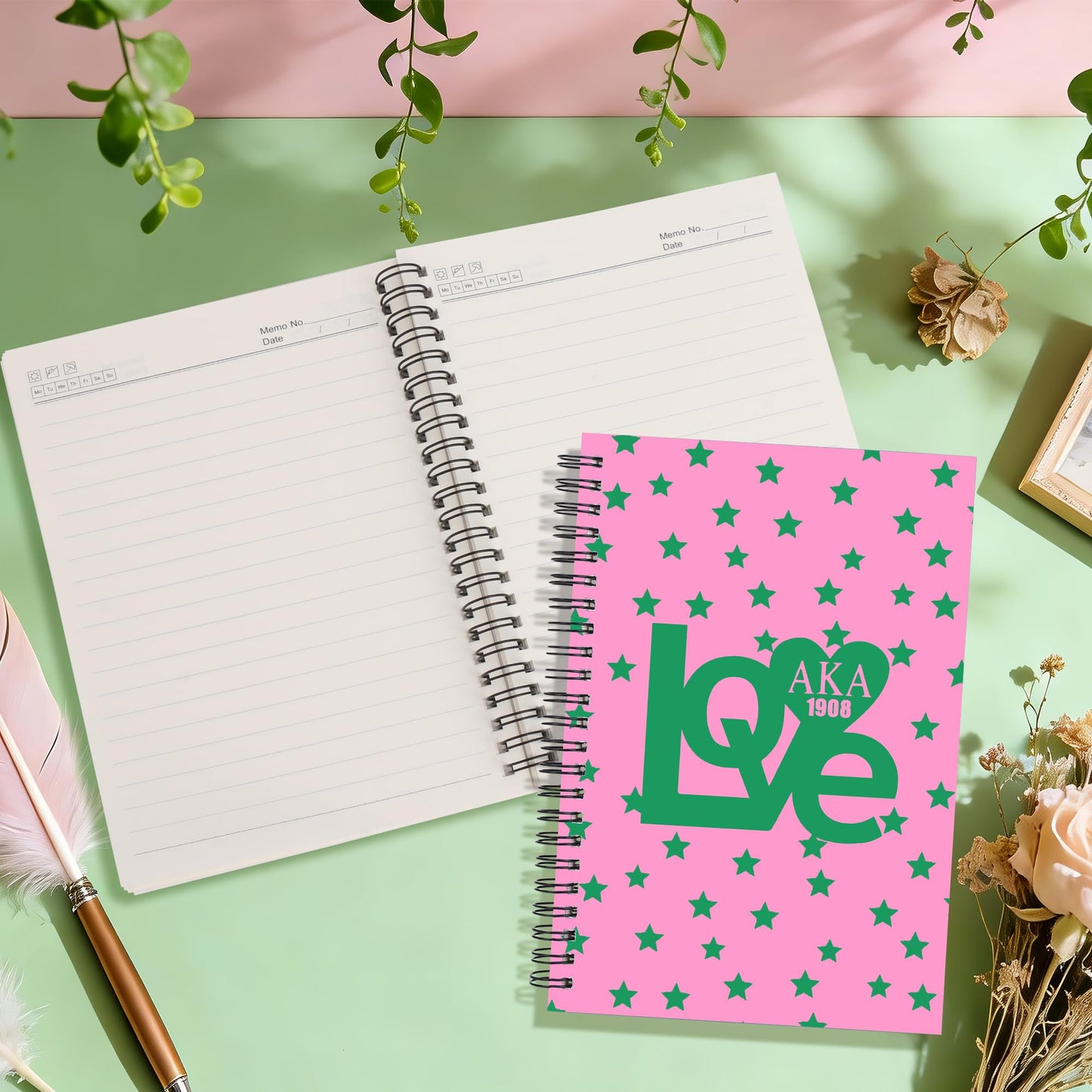 JOHSBYD AKA Sorority Spiral Notebook 2 Pack A5, 1908 Pink and Green Lined Journal for Women, Notebook for Work School Note Taking, AKA Gifts for Sisters Students Teacher (2 spiral-aka love)