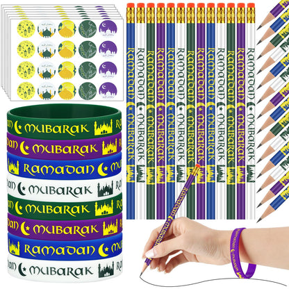 TecUnite 130 Pcs Ramadan Gifts 2026 Eid Mubarak Gifts Bulk for Kids Includes Eid Pencils Silicone Wristbands Islamic Stickers Ramadan Party Supplies for Kareem Basket Bag Stuffers Decoration