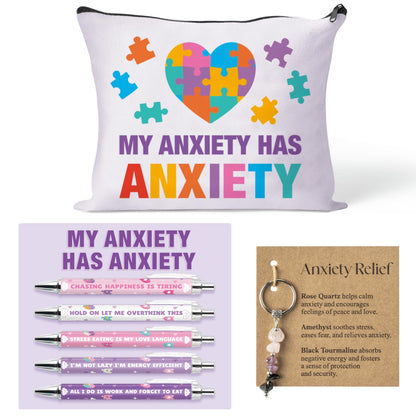 CY2SIDE Anxiety Funny Gift Set for Adult- Relief Black Ink Ballpoint Pen with Sayings for Anxiety, Canvas Makeup Bag & Crystal Keychain for Women Mental Health Month Gift for Coworker Friends Nurse
